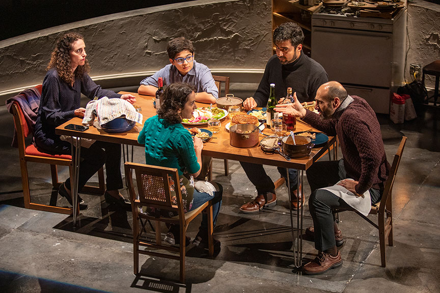 (from left) Lameece Issaq as Noura/Nora, Giovanni Cozic as Yazen/Alex, Isra Elsalihie as Maryam, Fajer Kaisi as Rafa'a, and Mattico David as Tareq/Tim. Noura, by Heather Raffo,  and directed by Johanna McKeon, runs September 20 – October 20, 2019 at The Old Globe. Photo by Jim Cox.
