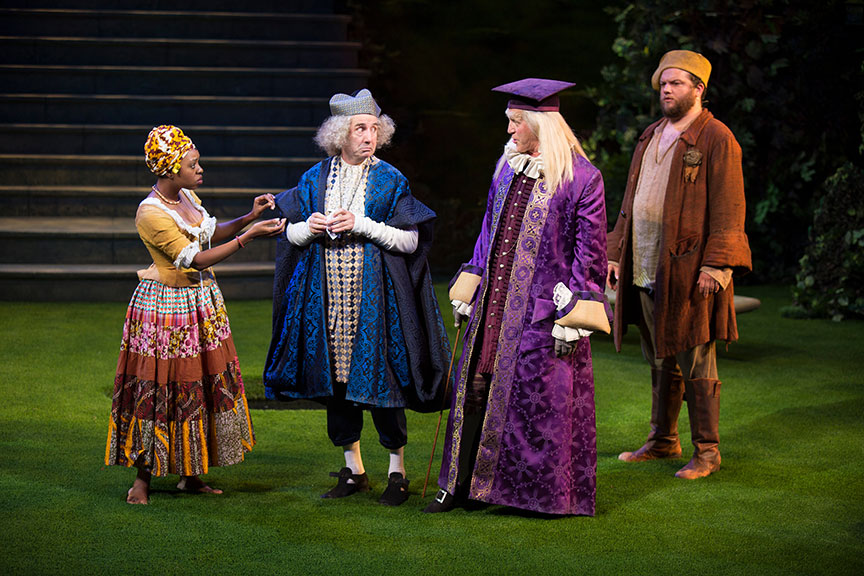 (from left) Makha Mthembu as Jaquenetta, Patrick Kerr as Sir Nathaniel, Stephen Spinella as Holofernes, and Jake Millgard as Dull in William Shakespeare's Love's Labor's Lost, directed by Kathleen Marshall, running August 14 - September 18, 2016 at The Old Globe. Photo by Jim Cox.