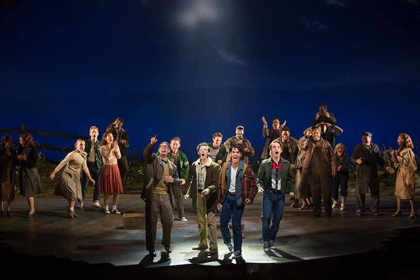 (from left) Connor Russell as Quentin, Austyn Myers as O'Dell, Kyle Selig as Homer Hickam, and Patrick Rooney as Roy Lee with the cast of the West Coast premiere of October Sky, with book by Brian Hill and Aaron Thielen, music and lyrics by Michael Mahler, directed and choreographed by Rachel Rockwell, inspired by the Universal Pictures film and Rocket Boys by Homer H. Hickam, Jr., running Sept. 10 - Oct. 23, 2016 at The Old Globe. Photo by Jim Cox.