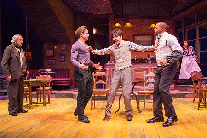 (from left) Hal Linden as Gaston, Philippe Bowgen as Pablo Picasso, Justin Long as Albert Einstein, Donald Faison as Freddy, and Luna Veléz as Germaine in Picasso at the Lapin Agile, by Steve Martin, directed by Barry Edelstein, running February 4 - March 12, 2017 at The Old Globe. Photo by Jim Cox.