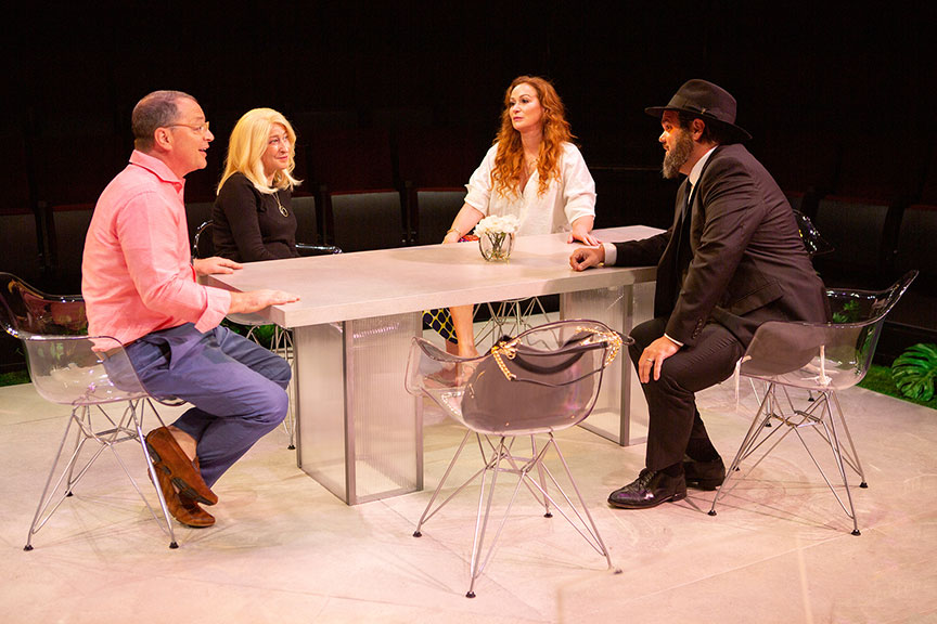 (from left) Joshua Malina as Phil, Sophie von Haselberg as Lauren, Rebecca Creskoff as Debbie, and Greg Hildreth as Mark in What We Talk About When We Talk About Anne Frank, 2022. Photo by Jim Cox.