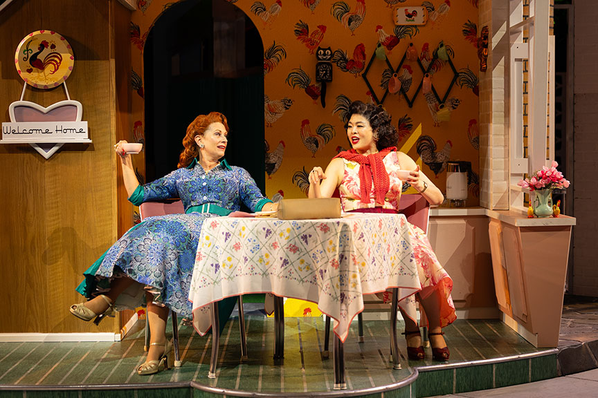 (from left) Angela Pierce as Mrs. Ford and Ruibo Qian as Mrs. Page in The Merry Wives of Windsor. Photo by Rich Soublet II.