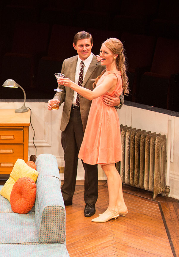 Chris Lowell as Paul Bratter and Kerry Bishé as Corie Bratte in Barefoot in the Park, by Neil Simon, directed by Jessica Stone, running July 28 - August 26, 2018 at The Old Globe. Photo by Jim Cox.