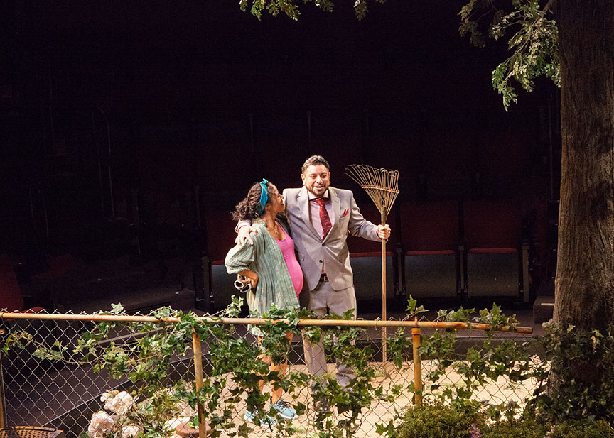 Kimberli Flores as Tania Del Valle and Eddie Martinez as Pablo Del Valle in Native Gardens, written by Karen Zacarías, and directed by Edward Torres, running May 26 – June 24, 2018 at The Old Globe. Photo by Jim Cox.