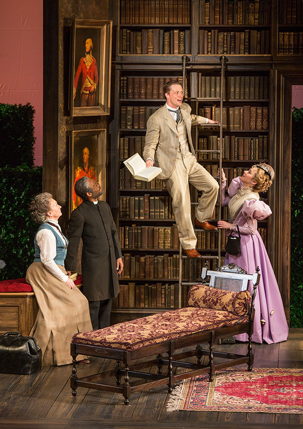 (from left) Jane Ridley as Miss Prism, Rodney Gardiner as The Rev. Canon Chasuble, Matt Schwader as John Worthing, and Kate Abbruzzese as The Hon. Gwendolen Fairfax in The Importance of Being Earnest, by Oscar Wilde, directed by Maria Aitken, running January 27 – March 4, 2018 at The Old Globe. Photo by Jim Cox.