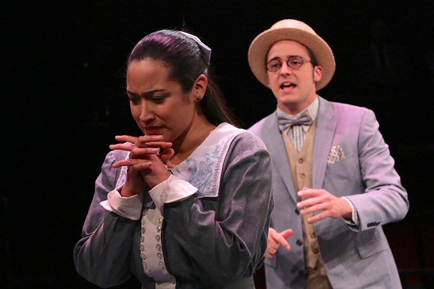 Suzelle Palacios as Julia and Kevin Hafso-Koppman as Proteus in The Old Globe and University of San Diego Shiley Graduate Theatre Program production of William Shakespeare's The Two Gentlemen of Verona, directed by Richard Seer, November 12 - 20, 2016. Photo by Adriana Zuniga Photography.