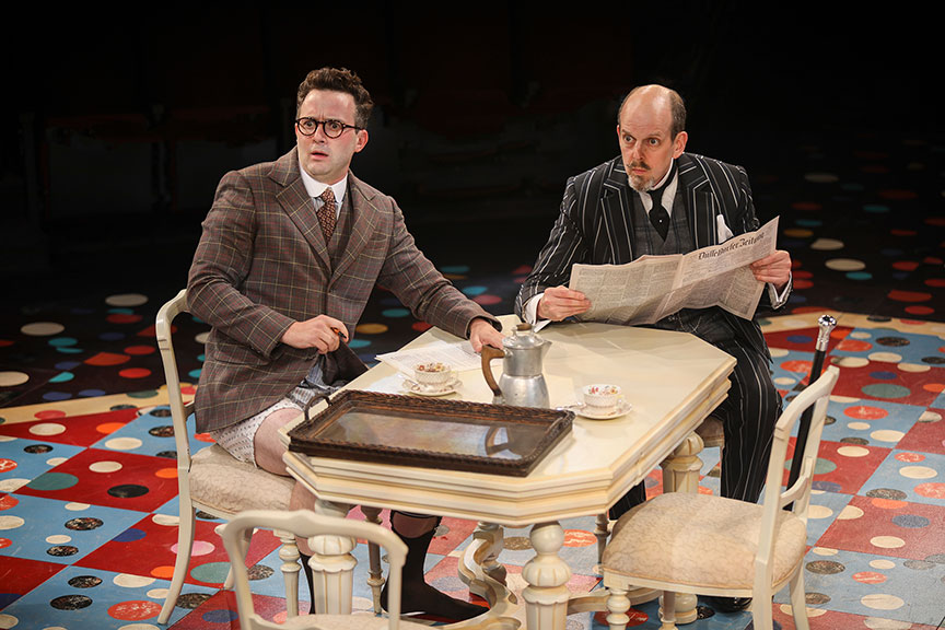Eddie Kaye Thomas as Theo Maske and Jeff Blumenkrantz as Klinglehoff in The Underpants, by Steve Martin, directed by Walter Bobbie, and adapted from Carl Sternheim, running July 27 – September 8, 2019 at The Old Globe. Photo by Jim Cox.