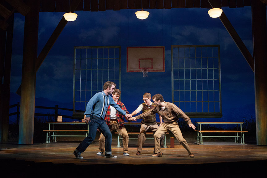 (from left) Patrick Rooney as Roy Lee, Kyle Selig as Homer Hickam, Connor Russell as Quentin, and Austyn Myers as O'Dell in the West Coast premiere of October Sky, with book by Brian Hill and Aaron Thielen, music and lyrics by Michael Mahler, directed and choreographed by Rachel Rockwell, inspired by the Universal Pictures film and Rocket Boys by Homer H. Hickam, Jr., running Sept. 10 - Oct. 23, 2016 at The Old Globe. Photo by Jim Cox.