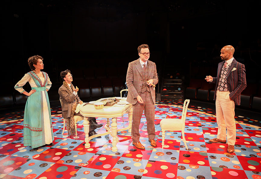 Regina De Vera as Louise Maske, Michael Bradley Cohen as Benjamin Cohen, Eddie Kaye Thomas as Theo Maske, and Luis Vega as Frank Versati in The Underpants, by Steve Martin, directed by Walter Bobbie, and adapted from Carl Sternheim, running July 27 – September 8, 2019 at The Old Globe. Photo by Jim Cox.