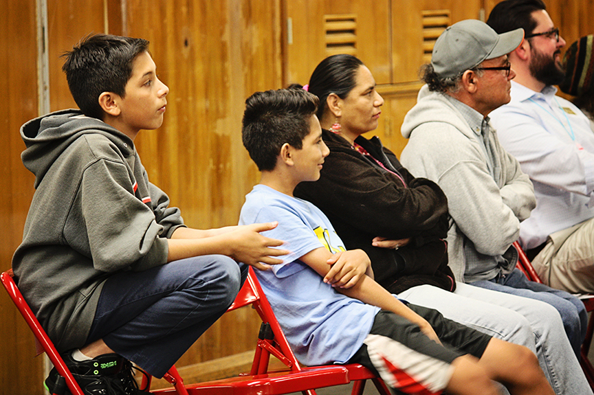 Audience from South Bay Community Services at Castle Park Middle School watch the 2016 production of The Old Globe's touring program Globe for All, Shakespeare's Measure for Measure, directed by Patricia McGregor, tours community venues Nov. 1 - 20. Photo courtesy of South Bay Community Services/The Old Globe. 