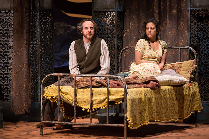(from left) Haysam Kadri as Rasheed and Nadine Malouf as Laila in A Thousand Splendid Suns, written by Ursula Rani Sarma, based on the book by Khaled Hosseini, directed by Carey Perloff, and co-produced by American Conservatory Theater, runs May 12 – June 17, 2018 at The Old Globe. Photo by Jim Cox.