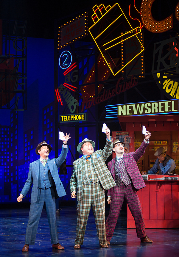 (from left) Matt Bauman as Benny Southstreet, Todd Buonopane as Nicely-Nicely Johnson, and Richard Gatta as Rusty Charlie with Ricky Bulda. Guys and Dolls, with music and lyrics by Frank Loesser, book by Abe Burrows and Jo Swerling, directed and choreographed by Josh Rhodes, runs July 2 - August 13, 2017 at The Old Globe. Photo by Jim Cox.