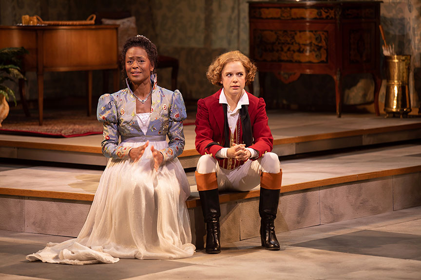 Medina Senghore as Olivia and Naian González Norvind as Viola in Twelfth Night. Photo by Jim Cox.