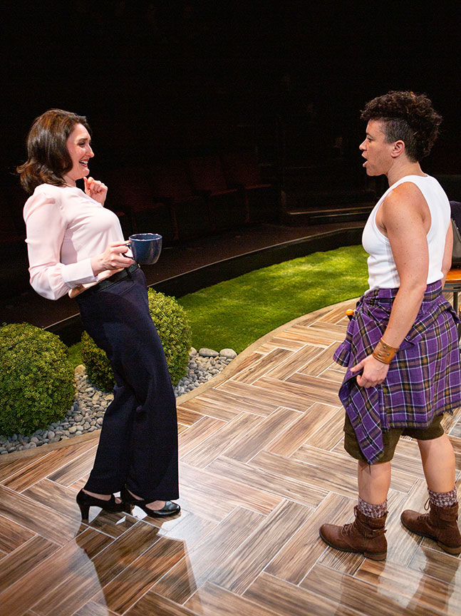 Liz Wisan as Carol Fleischer and Rami Margron as Diane. The West Coast premiere of Hurricane Diane by Madeleine George, directed by James Vásquez, runs February 8 – March 8, 2020 at The Old Globe. Photo by Jim Cox.