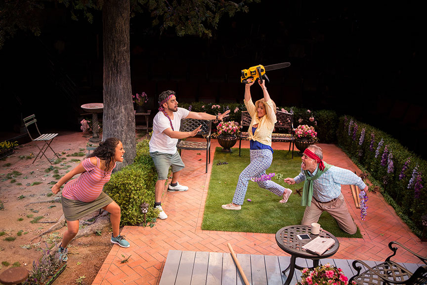 (from left) Kimberli Flores as Tania Del Valle, Eddie Martinez as Pablo Del Valle, Peri Gilpin as Virginia Butley, and Mark Pinter as Frank Butley in Native Gardens, written by Karen Zacarías, and directed by Edward Torres, running May 26 – June 24, 2018 at The Old Globe. Photo by Jim Cox.