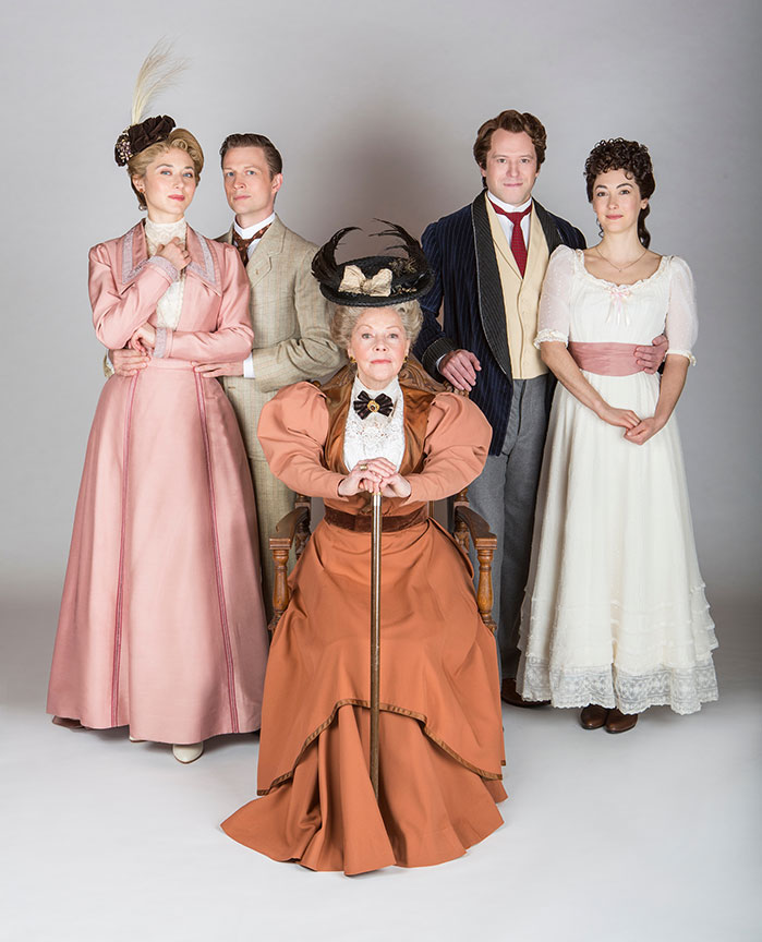 (from left) Kate Abbruzzese appears as The Hon. Gwendolen Fairfax, Matt Schwader as John Worthing, Helen Carey as Lady Bracknell, Christian Conn as Algernon Moncrieff, and Helen Cespedes as Cecily Cardew in The Importance of Being Earnest, by Oscar Wilde, directed by Maria Aitken, runs January 27 – March 4, 2018 at The Old Globe. Photo by Jim Cox. 