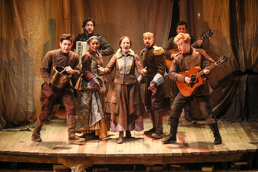 The cast of The Tale of Despereaux, book, music, and lyrics by PigPen Theatre Co., based on the novel by Kate DiCamillo and the Universal Pictures animated film, directed by Marc Bruni and PigPen Theatre Co., running July 6 – August 11, 2019 at The Old Globe. Photo by Jim Cox.