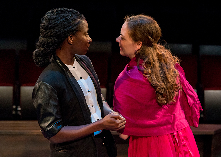 (from left) Bibi Mama as Viola and Hallie Peterson as Olivia. Twelfth Night, by William Shakespeare and directed by Jesse Perez, runs November 2 – November 10, 2019 at The Old Globe. Photo by Daren Scott.