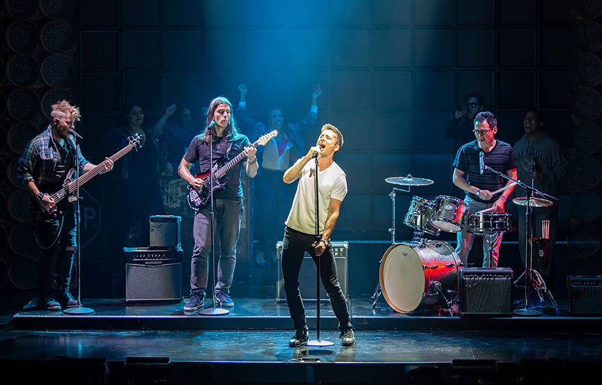F. Michael Haynie as Glenn, Lucas Papaelias as JJ, Matt Doyle as Bobby, and Zachary Noah Piser as Eli with the cast of The Heart of Rock & Roll, running September 6 – October 21, 2018 at The Old Globe. Photo by Jim Cox.