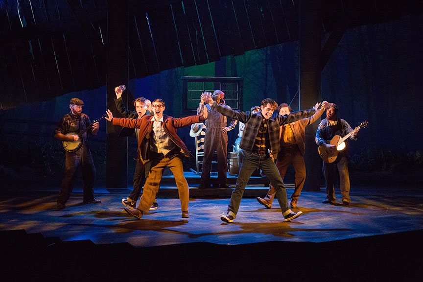 The cast of the West Coast premiere of October Sky, with book by Brian Hill and Aaron Thielen, music and lyrics by Michael Mahler, directed and choreographed by Rachel Rockwell, inspired by the Universal Pictures film and Rocket Boys by Homer H. Hickam, Jr., running Sept. 10 - Oct. 23, 2016 at The Old Globe. Photo by Jim Cox.