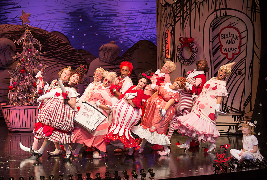 The cast of Dr. Seuss's How the Grinch Stole Christmas!, book and lyrics by Timothy Mason, music by Mel Marvin, original production conceived and directed by Jack O'Brien, original choreography by John DeLuca, and directed by James Vásquez, running November 4 – December 24, 2017 at The Old Globe. Photo by Jim Cox.