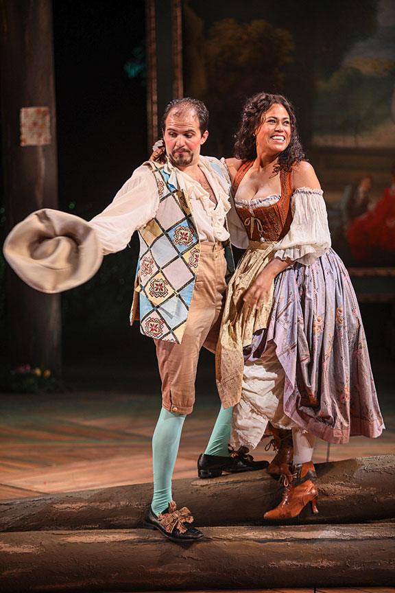 Vincent Randazzo as Touchstone and Yadira Correa as Audrey in As You Like It, by William Shakespeare, directed by Jessica Stone, running June 16 – July 21, 2019 at The Old Globe. Photo by Jim Cox.