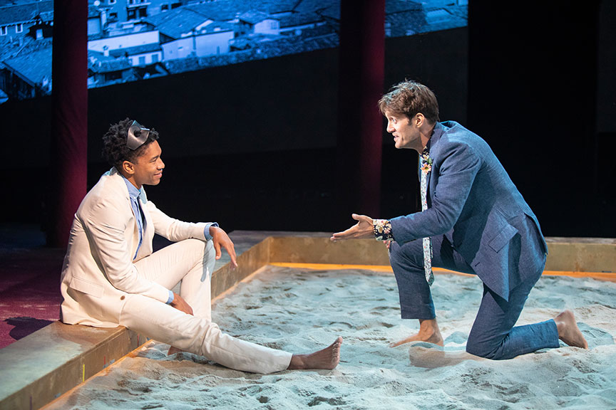 Aaron Clifton Moten as Romeo and Ben Chase as Mercutio. Romeo and Juliet, by William Shakespeare and directed by Barry Edelstein, runs August 11 – September 15, 2019 at The Old Globe. Photo by Jim Cox.