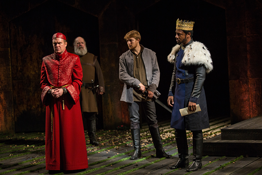 (from left) James Joseph O'Neil as Bishop of Carlisle, John Ahlin as Earl of Northumberland, Samuel Max Avishay as Harry Percy, and Tory Kittles as Henry Bolingbroke in King Richard II, by William Shakespeare, directed by Erica Schmidt, running June 11 - July 15, 2017. Photo by Jim Cox.
