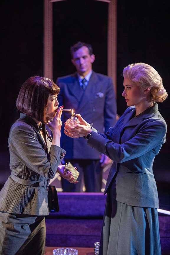 (from left) Ruibo Qian as Maxine Hadley, Nathan Darrow as Tony Wendice, and Kate Abbruzzese as Margot Wendice in Dial M for Murder. Photo by Jim Cox.