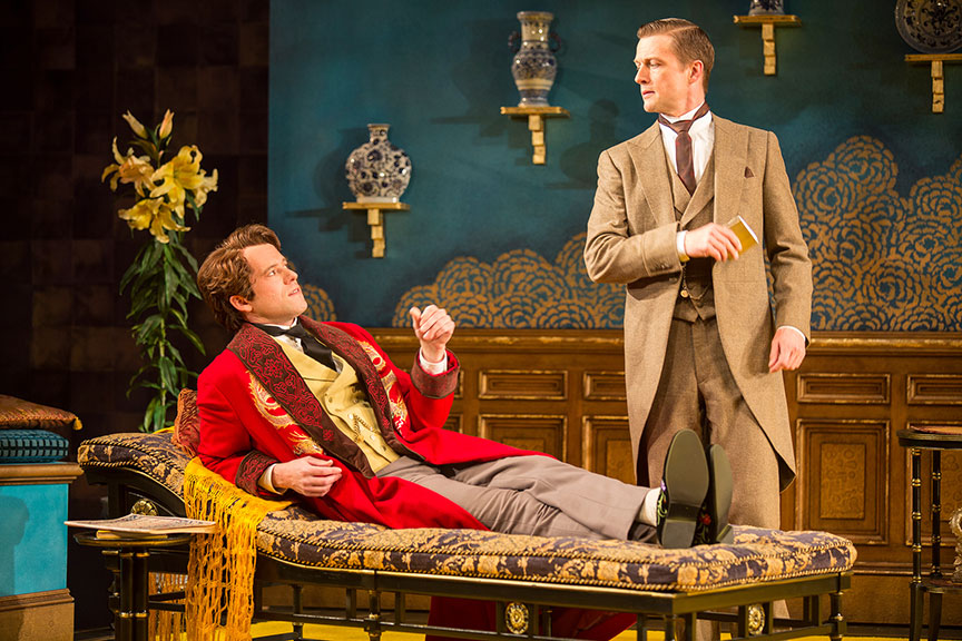 (from left) Christian Conn as Algernon Moncrieff and Matt Schwader as John Worthing in The Importance of Being Earnest, by Oscar Wilde, directed by Maria Aitken, running January 27 – March 4, 2018 at The Old Globe. Photo by Jim Cox. 
