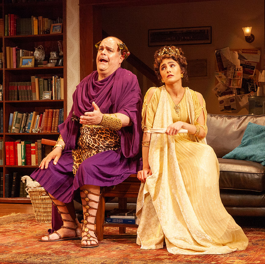 Brad Oscar as Dionysus and Jessie Cannizzaro in Ken Ludwig's The Gods of Comedy, running May 11 – June 16, 2019 at The Old Globe. Photo by Jim Cox.