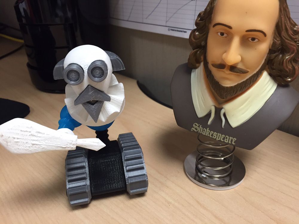 A Shakespeare Robot, a unique creation "printed" on the 3-D printer of the San Diego Public Library, in honor of the First Folio exhibition. Photo courtesy of the San Diego Public Library.