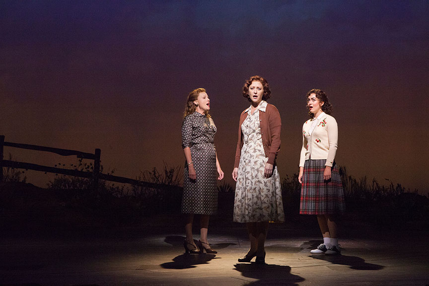 (from left) Sandra DeNise as Miss Riley, Kerry O'Malley as Elsie Hickam, and Eliza Palasz as Dorothy in the West Coast premiere of October Sky, with book by Brian Hill and Aaron Thielen, music and lyrics by Michael Mahler, directed and choreographed by Rachel Rockwell, inspired by the Universal Pictures film and Rocket Boys by Homer H. Hickam, Jr., running Sept. 10 - Oct. 23, 2016 at The Old Globe. Photo by Jim Cox.