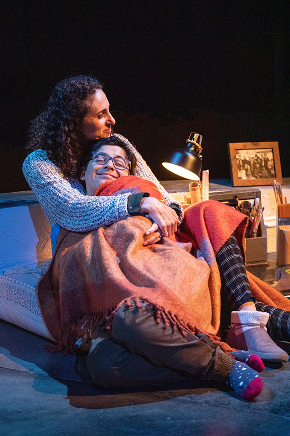 Lameece Issaq as Noura/Nora and Giovanni Cozic as Yazen/Alex. Noura, by Heather Raffo,  and directed by Johanna McKeon, runs September 20 – October 20, 2019 at The Old Globe. Photo by Jim Cox.