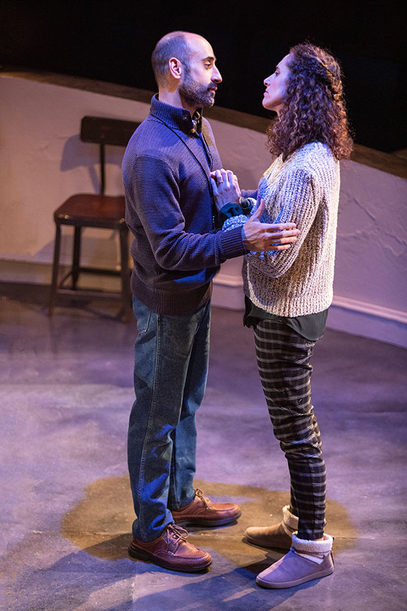 Mattico David as Tareq/Tim and Lameece Issaq as Noura/Nora. Noura, by Heather Raffo,  and directed by Johanna McKeon, runs September 20 – October 20, 2019 at The Old Globe. Photo by Jim Cox.
