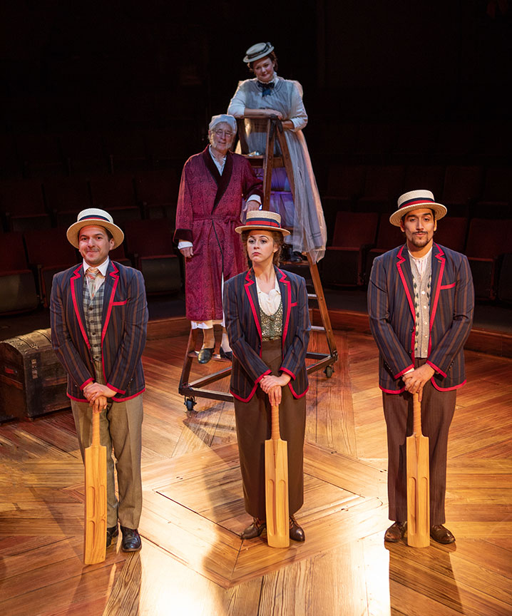(front row): Dan Rosales, Elizabeth Nestlerode, and Christopher M. Ramirez; (back row) Bill Buell and Jacque Wilke in Ebenezer Scrooge's BIG San Diego Christmas Show, 2022. Photo by Jim Cox.