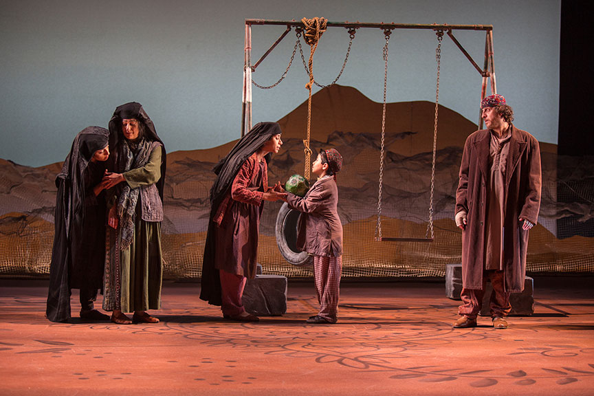 (from left) Denmo Ibrahim as Mariam, Nadine Malouf as Laila, Nikita Tewani as Aziza, Arden Pala as Zalmai, and Haysam Kadri as Rasheed in A Thousand Splendid Suns, written by Ursula Rani Sarma, based on the book by Khaled Hosseini, directed by Carey Perloff, and co-produced by American Conservatory Theater, runs May 12 – June 17, 2018 at The Old Globe. Photo by Jim Cox.