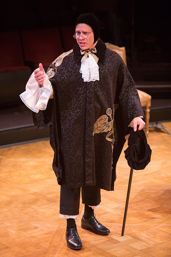 Noah Brody appears as Dr. Diafoirus in the world premiere adaptation of Molière’s The Imaginary Invalid, adapted by Fiasco Theater, running May 27 – June 25, 2017 at The Old Globe. Photo by Jim Cox.