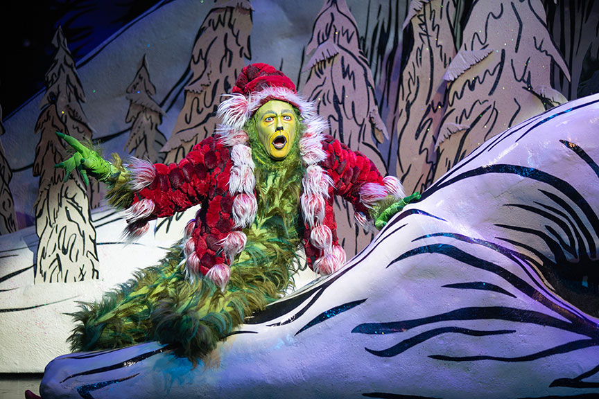 Andrew Polec as The Grinch in Dr. Seuss’s How the Grinch Stole Christmas!, 2023. Photo by Jim Cox.