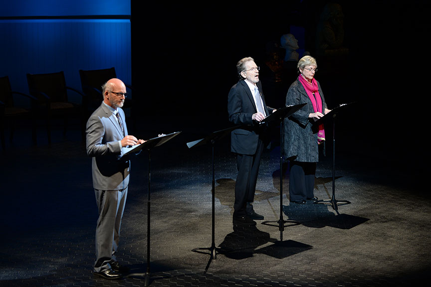 (from left) San Diego Union-Tribune theatre writer James Hebert and Old Globe Associate Artists Robert Foxworth and Deborah Taylor joined a constellation of luminaries to perform in Shakespeare in America