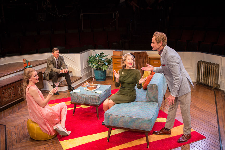 Kerry Bishé as Corie Bratter, Chris Lowell as Paul Bratter, Mia Dillon as Mrs. Ethel Banks, and Jere Burns as Victor Velasco in Barefoot in the Park, by Neil Simon, directed by Jessica Stone, running July 28 - August 26, 2018 at The Old Globe. Photo by Jim Cox.