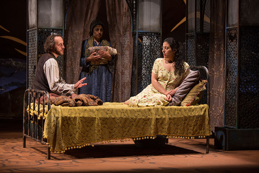 (from left) Haysam Kadri as Rasheed, Denmo Ibrahim as Mariam, and Nadine Malouf as Laila in A Thousand Splendid Suns, written by Ursula Rani Sarma, based on the book by Khaled Hosseini, directed by Carey Perloff, and co-produced by American Conservatory Theater, runs May 12 – June 17, 2018 at The Old Globe. Photo by Jim Cox.