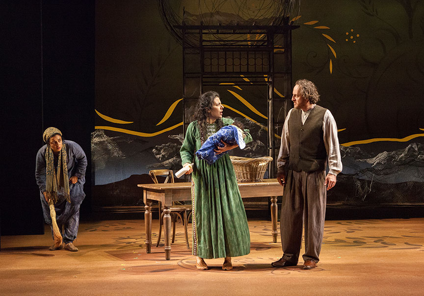 (from left) Denmo Ibrahim as Mariam, Nadine Malouf as Laila, and Haysam Kadri as Rasheed  in A Thousand Splendid Suns, written by Ursula Rani Sarma, based on the book by Khaled Hosseini, directed by Carey Perloff, and co-produced by American Conservatory Theater, runs May 12 – June 17, 2018 at The Old Globe. Photo by Jim Cox.