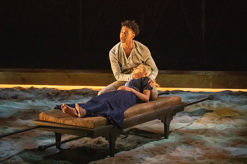 Aaron Clifton Moten as Romeo and Louisa Jacobson as Juliet. Romeo and Juliet, by William Shakespeare and directed by Barry Edelstein, runs August 11 – September 15, 2019 at The Old Globe. Photo by Jim Cox.