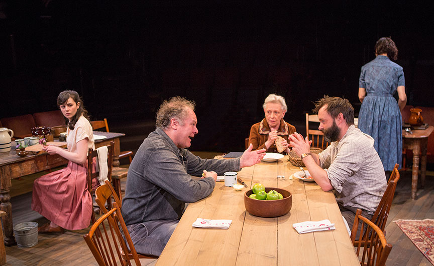 (from left) Celeste Arias as Eléna, Jay O. Sanders as Ványa, Roberta Maxwell as Márya, Jesse Pennington as Ástrov, and Yvonne Woods as Sónya in Uncle Vanya, translated by Richard Pevear and Larissa Volokhonsky, directed and translated by Richard Nelson, running February 10 – March 11, 2018 at The Old Globe. Photo by Jim Cox.