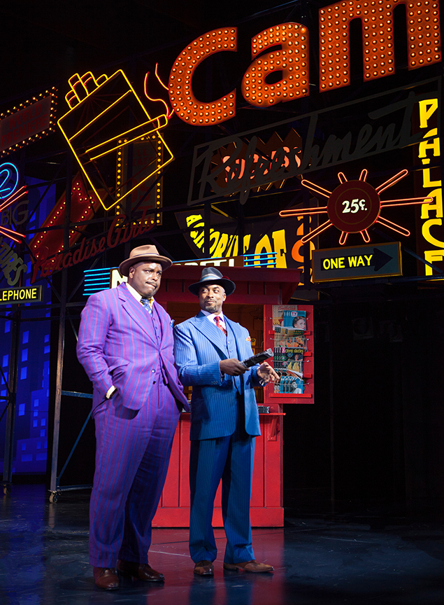 (from left) J. Bernard Calloway as Nathan Detroit and Terence Archie as Sky Masterson. Guys and Dolls, with music and lyrics by Frank Loesser, book by Abe Burrows and Jo Swerling, directed and choreographed by Josh Rhodes, runs July 2 - August 13, 2017 at The Old Globe. Photo by Jim Cox.