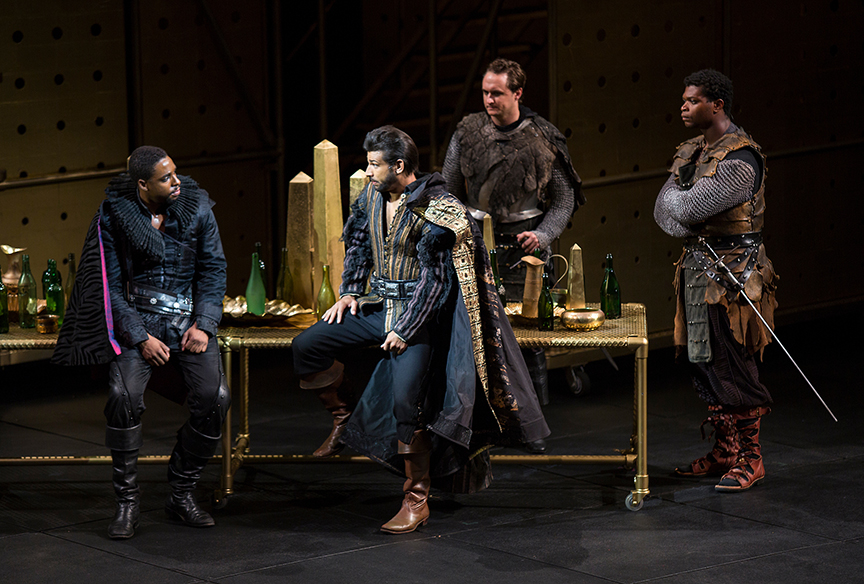 (from left) Grantham Coleman as Hamlet, Ian Lassiter as Horatio, Lorenzo Landini as Barnardo, and Amara James Aja as Marcellus in Hamlet, by William Shakespeare, directed by Barry Edelstein, running August 6 - September 10, 2017. Photo by Jim Cox.