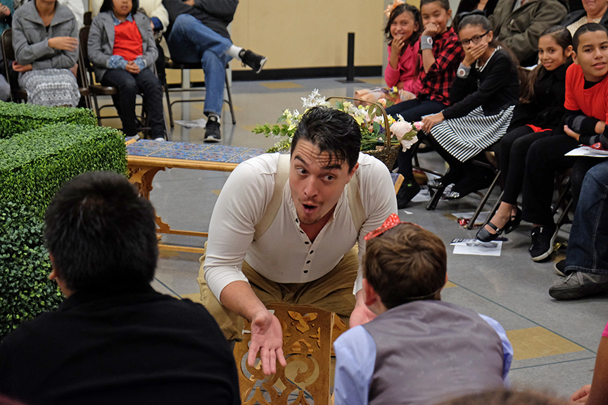Christopher Salazar as Benedick during a Globe for All performance for South Bay Community Services at Castle Park Elementary School. The 2015 production of The Old Globe's touring program Globe for All, Shakespeare's Much Ado About Nothing, directed by Rob Melrose, tours community venues Nov. 10 - 22. Photo by Ken Jacques. 