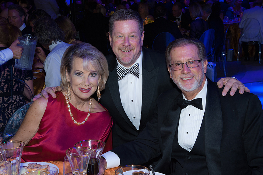 Board member Lynne Wheeler, Michael Murphy, and Steve Wheeler at the 2016 Globe Gala – A Night of Revels – on Saturday, September 24, 2016. Photo by Bob Ross.