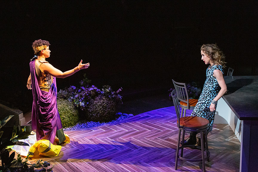 Rami Margron as Diane and Jenn Harris as Pam Annunziata. The West Coast premiere of Hurricane Diane by Madeleine George, directed by James Vásquez, runs February 8 – March 8, 2020 at The Old Globe. Photo by Jim Cox.
